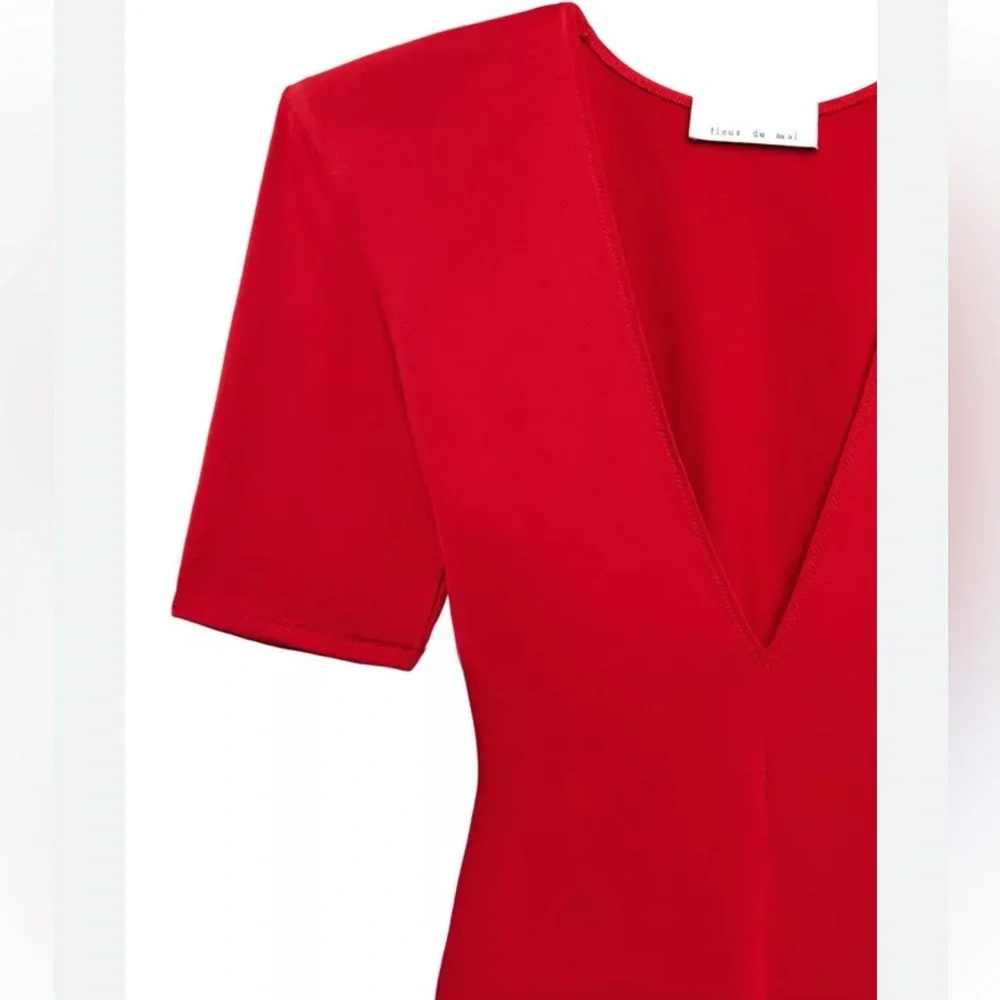 Fleur du Mal Red Deep Plunge Midi Dress with Side Ruching - Picture 4 of 13